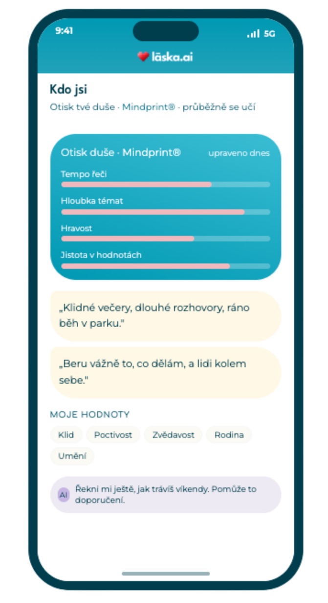 laska.ai app — obrazovka Kdo jsi