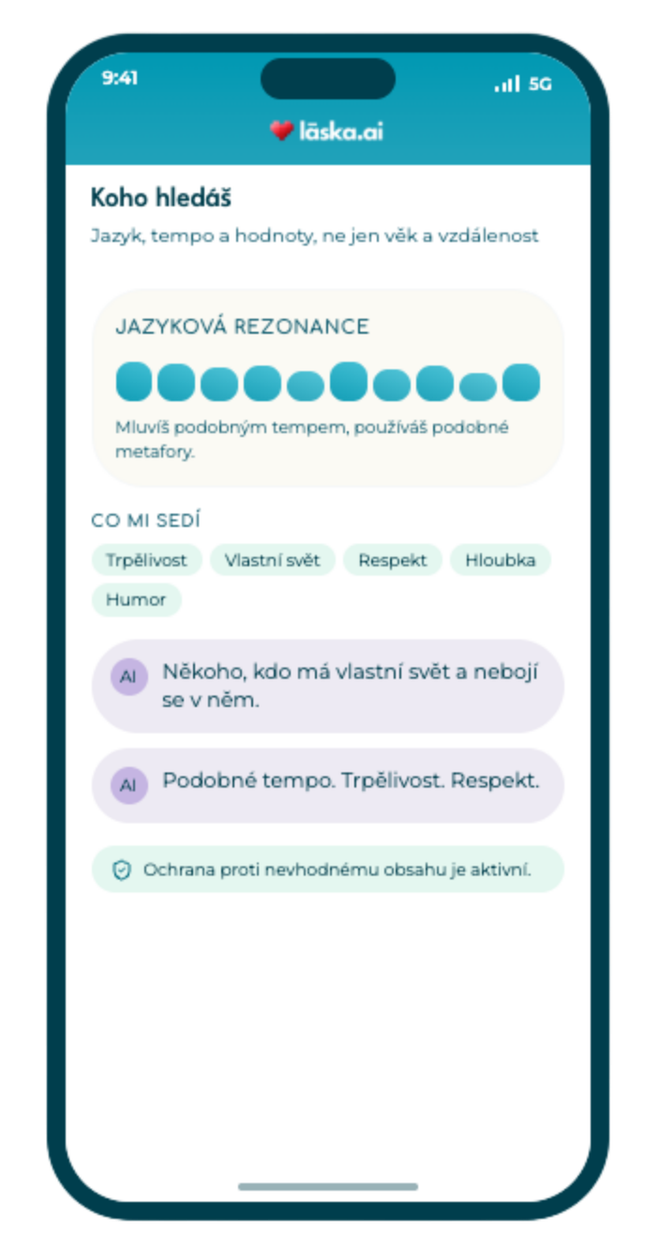 laska.ai app — obrazovka Koho hledáš