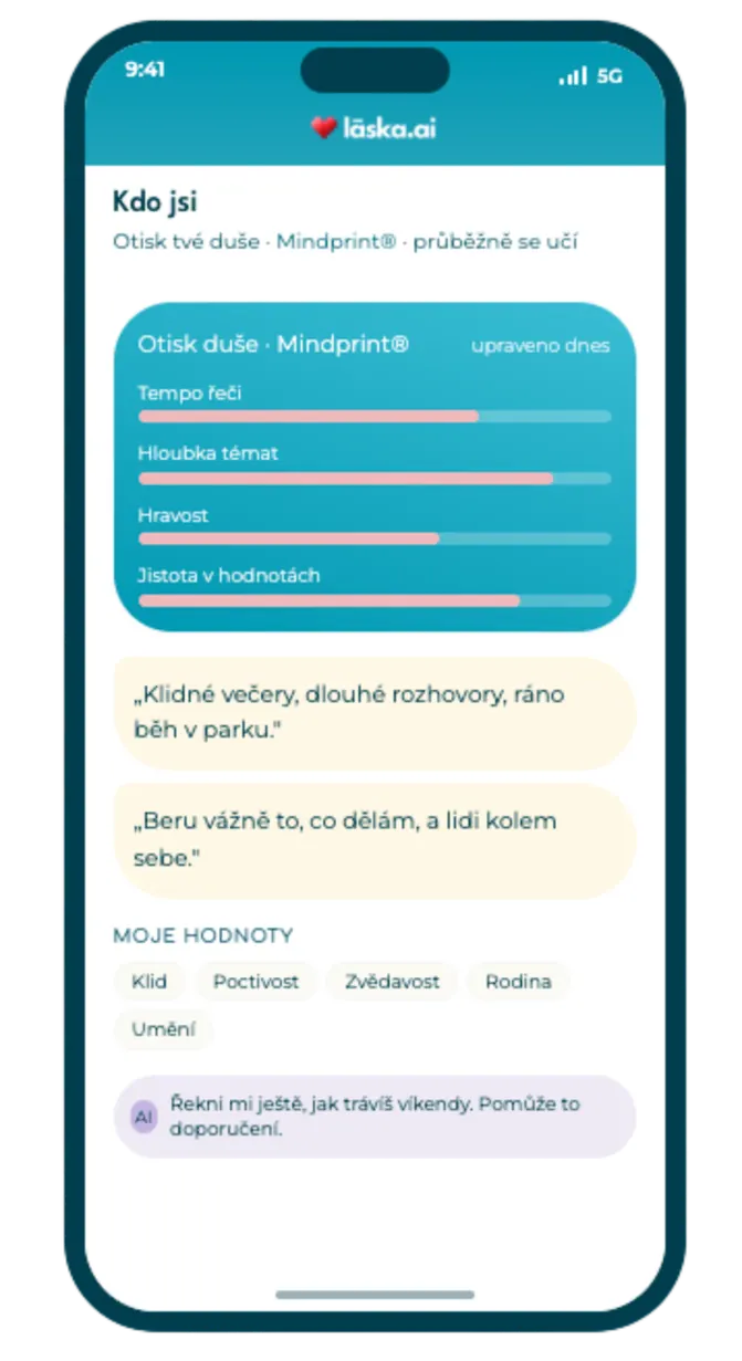 laska.ai app — obrazovka Kdo jsi