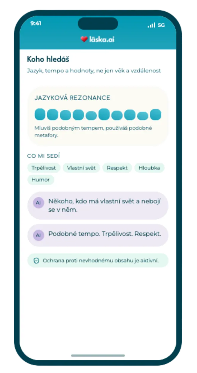 laska.ai app — obrazovka Koho hledáš